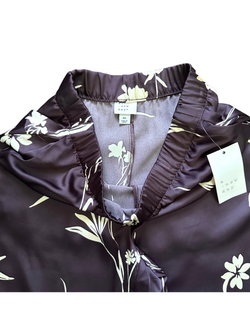 NWT a new day Chocolate Brown Wide-Leg Floral Pants with Cream Print XS - Picture 9 of 10